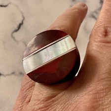 EBENE, ARGENT, NACRE, BELLE ANCIENNE BAGUE SCANDINAVE MODERNISTE