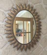 Ancien Grand Miroir Ovale Soleil Vintage Métal Peint Doré No Oeil De Sorcière