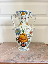 Ancien Vase Amphore Hubert BEQUET Fait Main Signé Décor Floral 28 cm