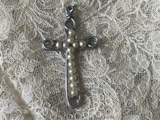 Croix Pendentif Religieux type arlésienne argent perles  Ancien Catholique XIXe