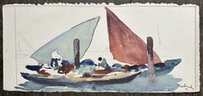 BALANDE Gaston Aquarelle Paysage Voiliers au Port Bateaux Bord de Mer Peinture