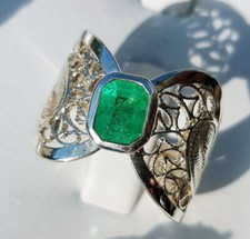 5,97g TOP Bague Émeraude taillée Filigrane Argent fin, certifiée Taille 61,5