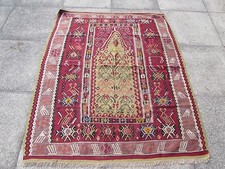 Fin Ancien Main Fabriqué Turc Rouge Vert Violet Laine Kilim Tapis 162x138cm