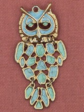 Broche vintage hibou émaillée bleu et vert – Années 70