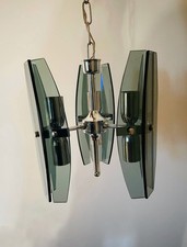 Suspension vintage en verre fumé et métal chromé – années 70 - Veca