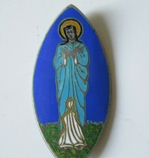 RARE CABOCHON MÉDAILLON PLAQUE CUIVRE ÉMAILLÉ CALICE ? RELIGION ART POPULAIRE