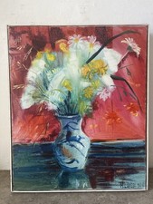 Tableau Peinture Bouquet De Fleurs Et Vase, Huile Sur Toile, Signé