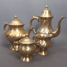 Service À Thé En Laiton À Rayures Théière Crémier Sucrier Vintage Années 70