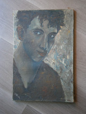 Peinture Huile sur toile Portrait Jeune homme c-1950 Ancien 41x27