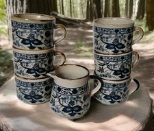 6 Tasses + Crémier Japon Vintage En Grès Décor Floral Bleu