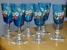 LEGRAS 6 ANCIENS VERRES LIQUEUR VERRERIE BLEU ET EMAILLE ART NOUVEAU