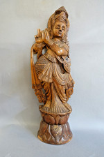 Statue indienne figurant Krishna en bois sculpté Vintage