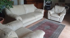 Salon en cuir canapé 3 places et 2 fauteuils beige