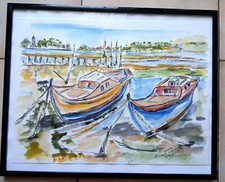 AQUARELLE PINASSE BASSIN ARCACHON ART TABLEAU PEINTURE PARIS JUMEAUX JEAN PIERRE
