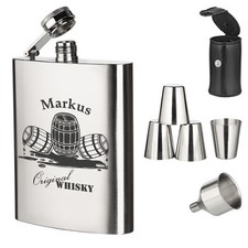 7-tlg. Inox Flasque à Whisky Set Incl. Gravure Motif Bouteille