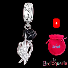 Charm rose noir - Pour bracelet PANDORA - Argent Sterling 925. + pochette
