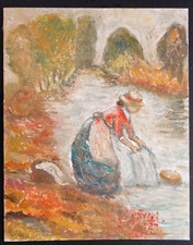 peinture Huile vintage Lavandière Laveuse femme Normandie  25x30cm/Carton toilé.