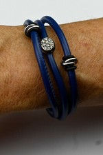 Bracelet triple cuir  bleu + acier fermoir magnétique
