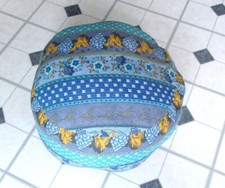 Pouf rond en coton bleu turquoise et motifs multico