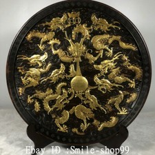 13.3" Old China Purple Bronze Gold Dynasty Dragon Beast Pattern Plate Dish Tray