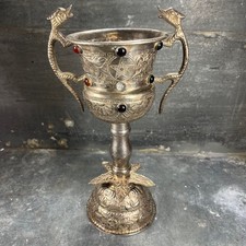 Ancien Calice ésotérique fin XIXe en métal argenté, serpents & cabochons