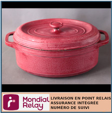 ANCIENNE COCOTTE EN FONTE OVALE  COULEUR ROGE FONCÉ - FONTIGNAC FRANCE - L 29 cm
