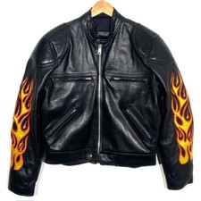 Blouson En Cuir Biker Flammes Brodées Vintage Mavip