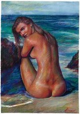 belle femme nue de dos sur la plage,  original A3  oeuvre aquarelle, pastel