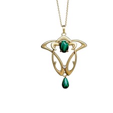 Collier Pendentif Doré Vieilli Ovale Goutte Malachite Vert Véritable SB22