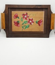 Ancien Plateau de service Bois 52,5x33 cm Motif Fleur sous verre Signé Gitt
