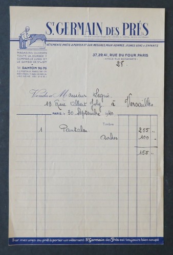 Facture 1940 vetement - facture,