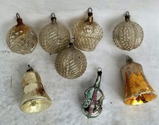 Anciennes Décorations Noël. Boules Verre Soufflé Églomisé. Cloche Violon Vintage