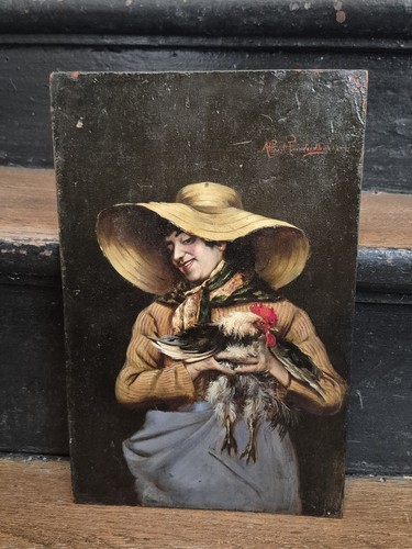 Tableau ancien femme poulet - tableau, au