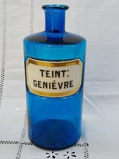 FLACON, POT A  PHARMACIE, BLEU, ETIQUETTE PORCELAINE BISEAUTÉE, TEINT. GENIÈVRE