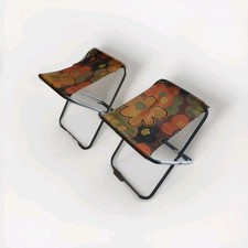 Paire de Tabourets Pliables Vintage Années 70 Motif Floral Orange 