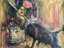 Peinture Expressionniste corrida, cheval, taureau, Huile  1960 Art À Identifier
