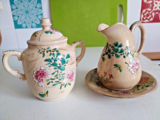 sucrier pot à lait et sous tasse, partie de service à café en grés, décor floral