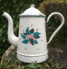 ANCIENNE CAFETIÈRE ÉMAILLÉE décor FLEURS BLEUES/ROSES/NOIRES ANNÉES 60 vintage