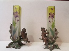 ancienne paire de vases putti soliflore verre emaillé vienne regule 19em anges