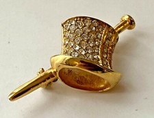 BROCHE VINTAGE chapeau CANNE Doré strass spectacle show 4,3cm