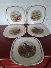 Lot de 5 assiettes Longchamp France – faïence décor oiseaux de chasse – 21,5 cm