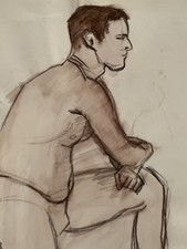 Tableau ancien sanguine fusain étude portrait homme nu dévêtu debout 65 X 50