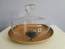 Plateau à Fromage grès céramique LONGCHAMP avec Cloche en verre et étain.