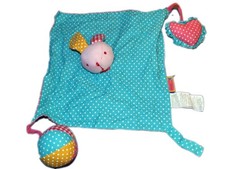 Doudou hochet grelot tissu lapin Ballon coeur bleu pois Ochestra Prémaman