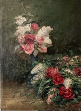 Tableau Ancien Bouquet De Roses Circa 1900