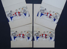 4 menus anciens Au restaurant c1920 Caricature pochoir goût SEM Dîner champagne
