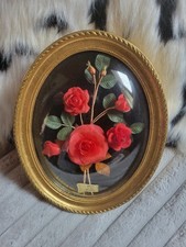 CADRE OVALE VINTAGE FLEURS TISSU ROUGE VERRE BOMBÉ RÉTRO 
