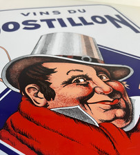 ancienne et authentique plaque émaillée "vin du postillon" plate à oreilles