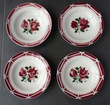 4 Assiettes creuses en faïence de Sarreguemines et Digoin, CIBON, rose rouge