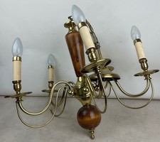 Ancien vintage lustre a 5 branches en bois et laiton